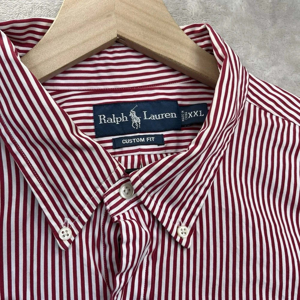 Ralph Lauren Mens XXL Custom Fit Striped Button Down Shirt Red Cotton